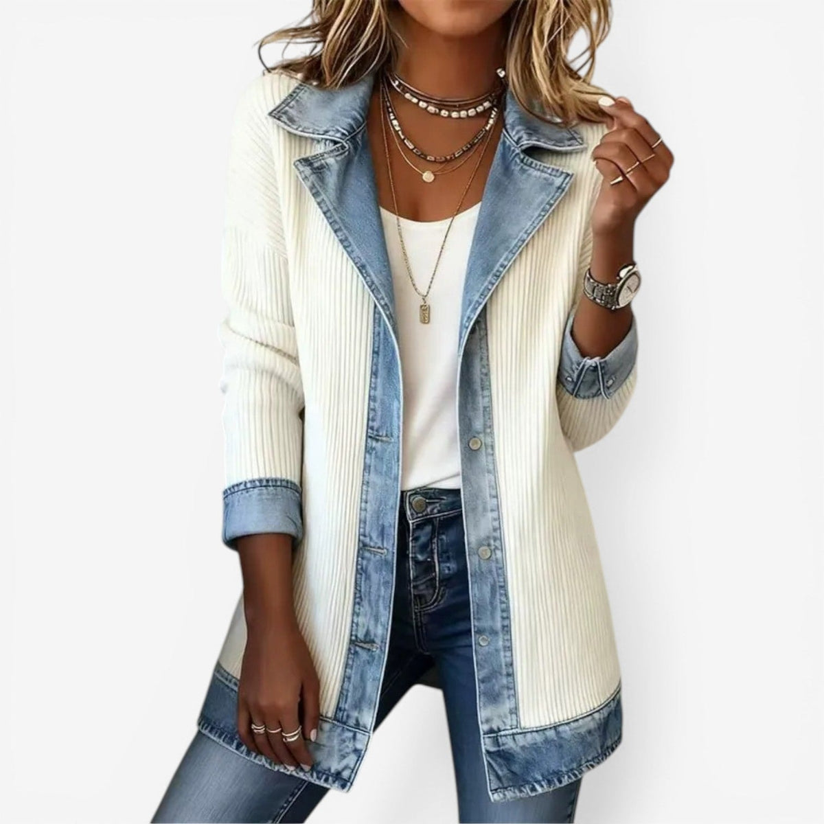 Ivory longline jacket with a contrasting denim-look collar, front trim, hem, and turned-back cuffs, worn open over a white top.