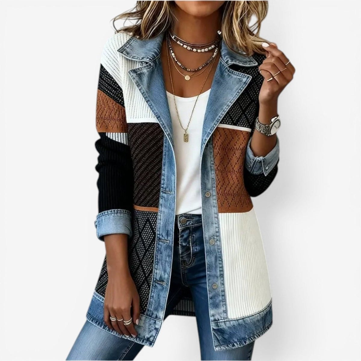 Patchwork longline jacket with a contrasting denim-look collar and trim, combining black, white, and brown textured panels.