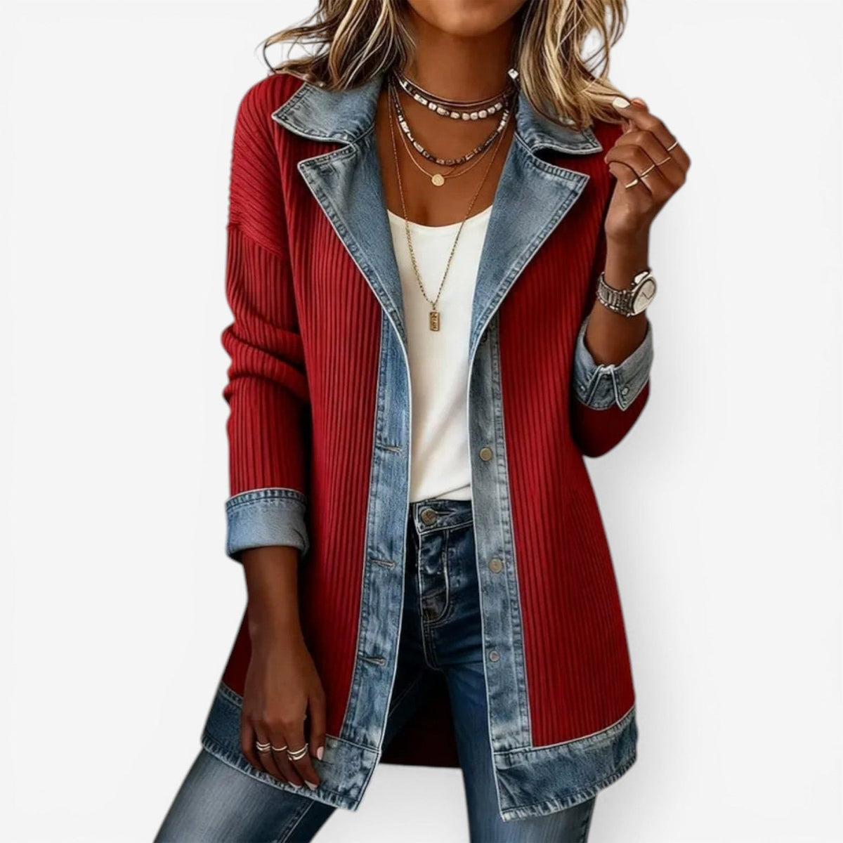 Red longline jacket with vertical texture and contrasting denim-look collar, front trim, hem, and turned-back cuffs.