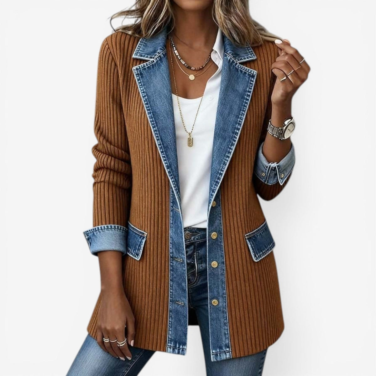 Brown longline collared jacket with contrasting denim-look lapels, button fastening, hem details, cuffs, and flap pockets.