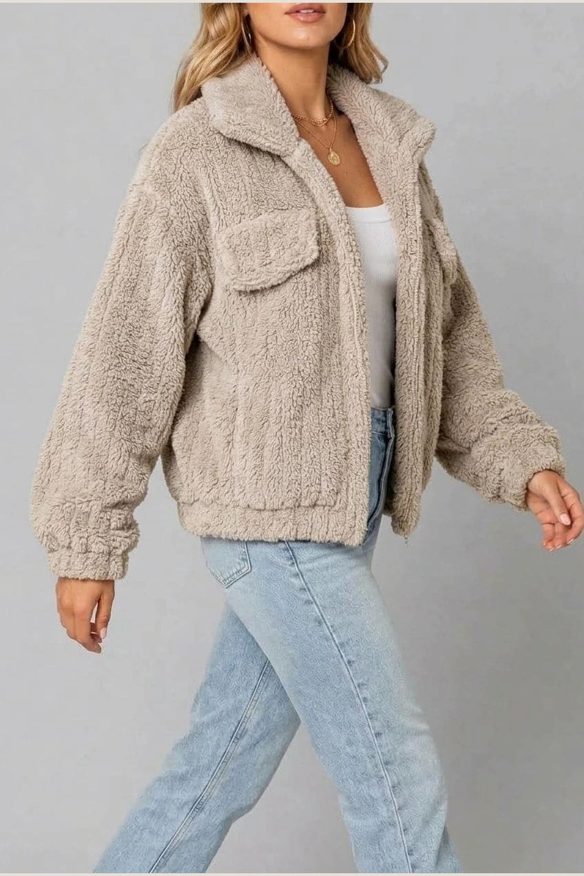 Shauna | Textured Fleece Cropped Jacket with Collar and Flap Pockets