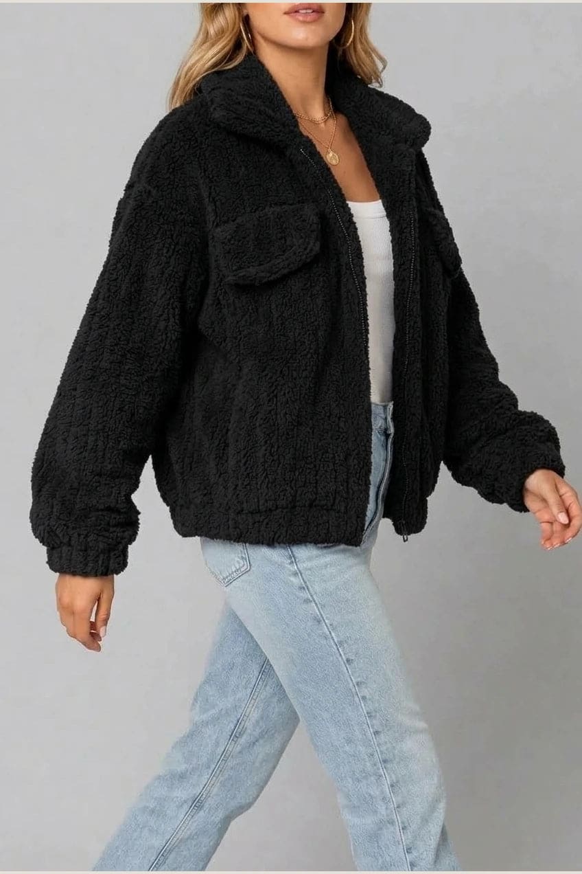 Shauna | Textured Fleece Cropped Jacket with Collar and Flap Pockets