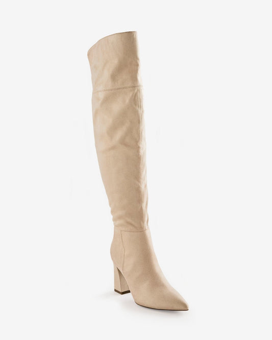 Tall over-the-knee boot in neutral tone with pointed toe and block heel, displayed on white background._0