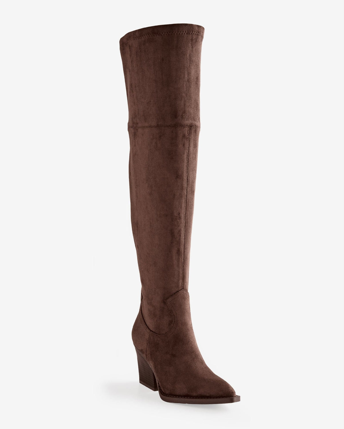 Brown over-the-knee boot with western pointed toe and block heel displayed on white background_0