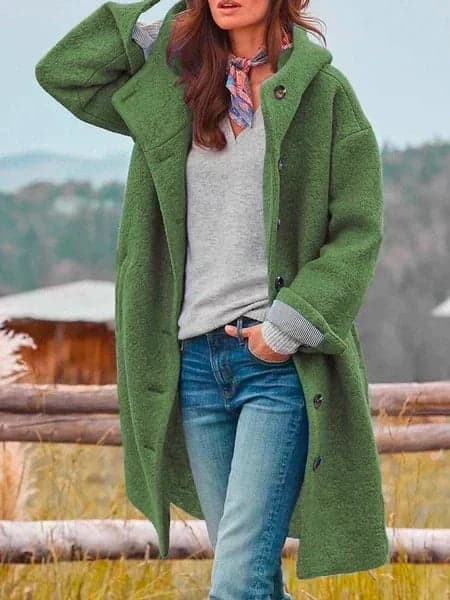 Stephanie | Hooded Longline Button-Front Textured Coat with Pockets