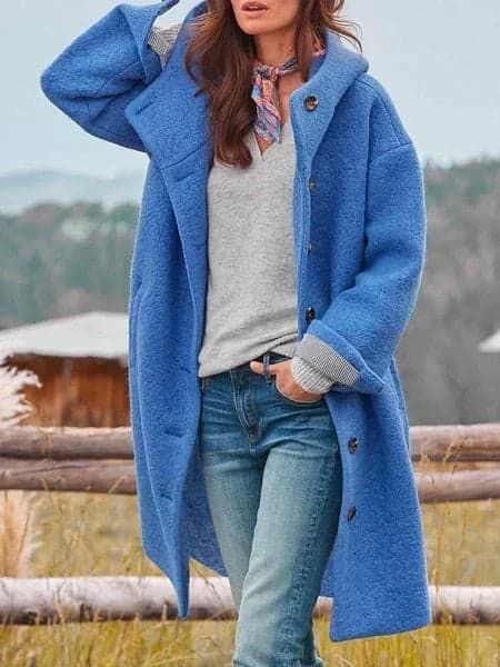 Stephanie | Hooded Longline Button-Front Textured Coat with Pockets