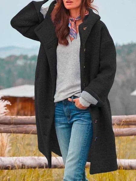 Stephanie | Hooded Longline Button-Front Textured Coat with Pockets