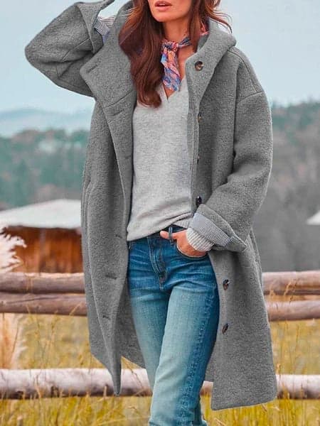 Stephanie | Hooded Longline Button-Front Textured Coat with Pockets