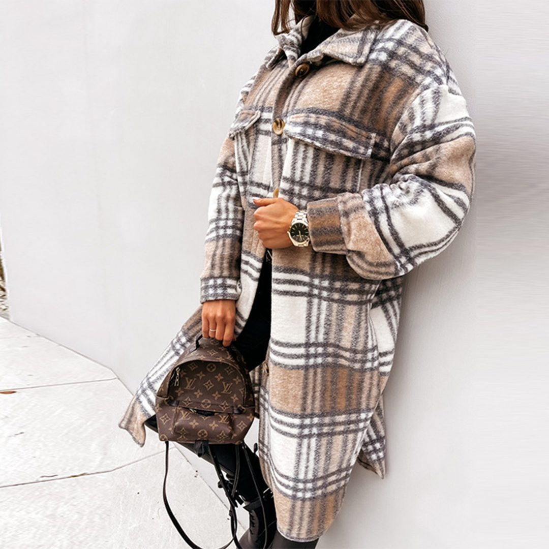Melissa | Longline Checked Hooded Shacket with Button Front and Chest Pockets