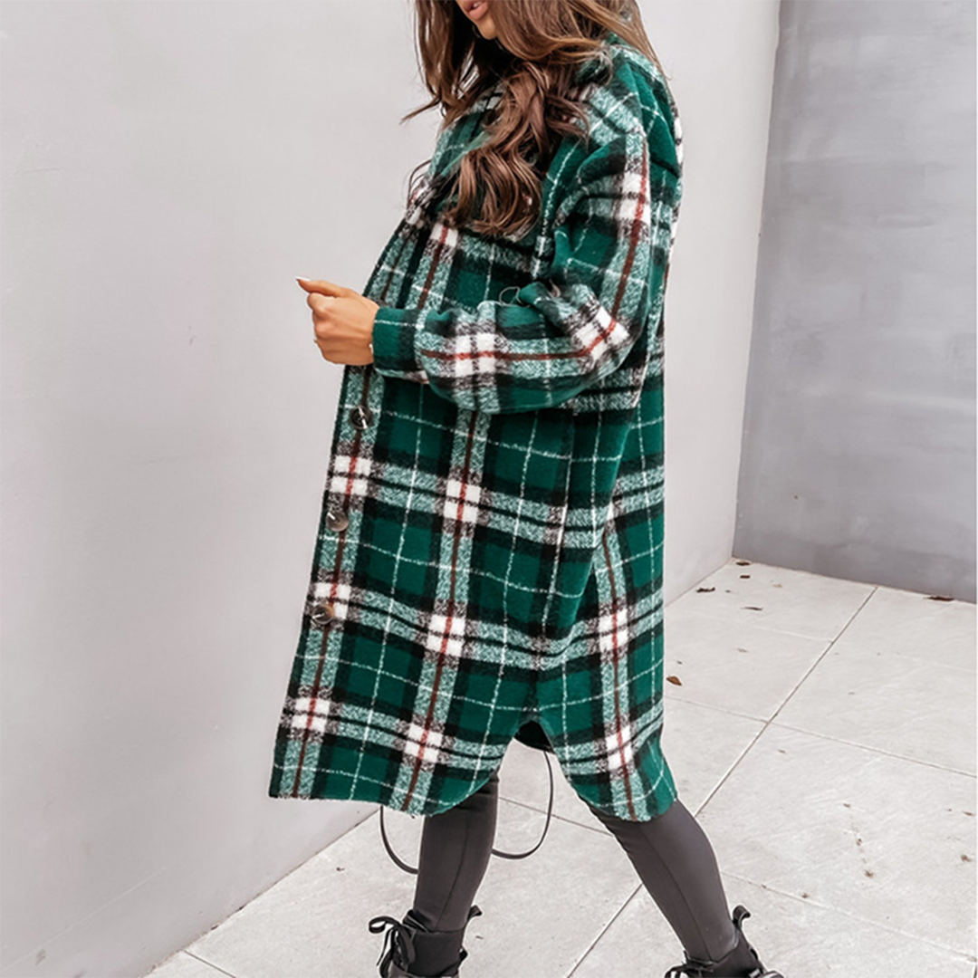 Melissa | Longline Checked Hooded Shacket with Button Front and Chest Pockets