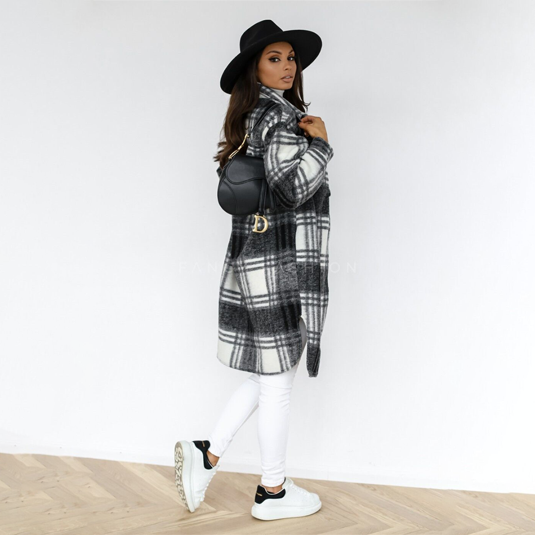 Melissa | Longline Checked Hooded Shacket with Button Front and Chest Pockets
