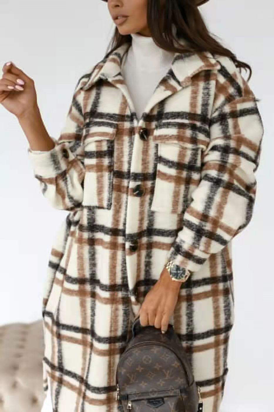 Melissa | Longline Checked Hooded Shacket with Button Front and Chest Pockets
