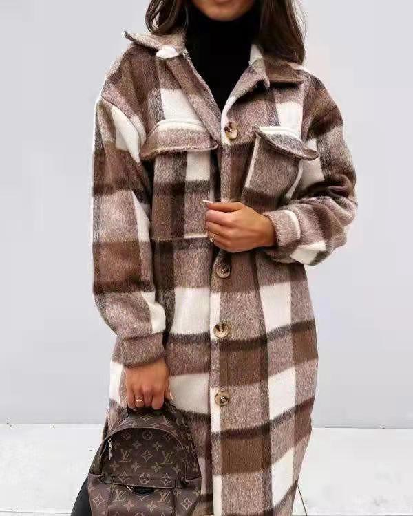 Melissa | Longline Checked Hooded Shacket with Button Front and Chest Pockets