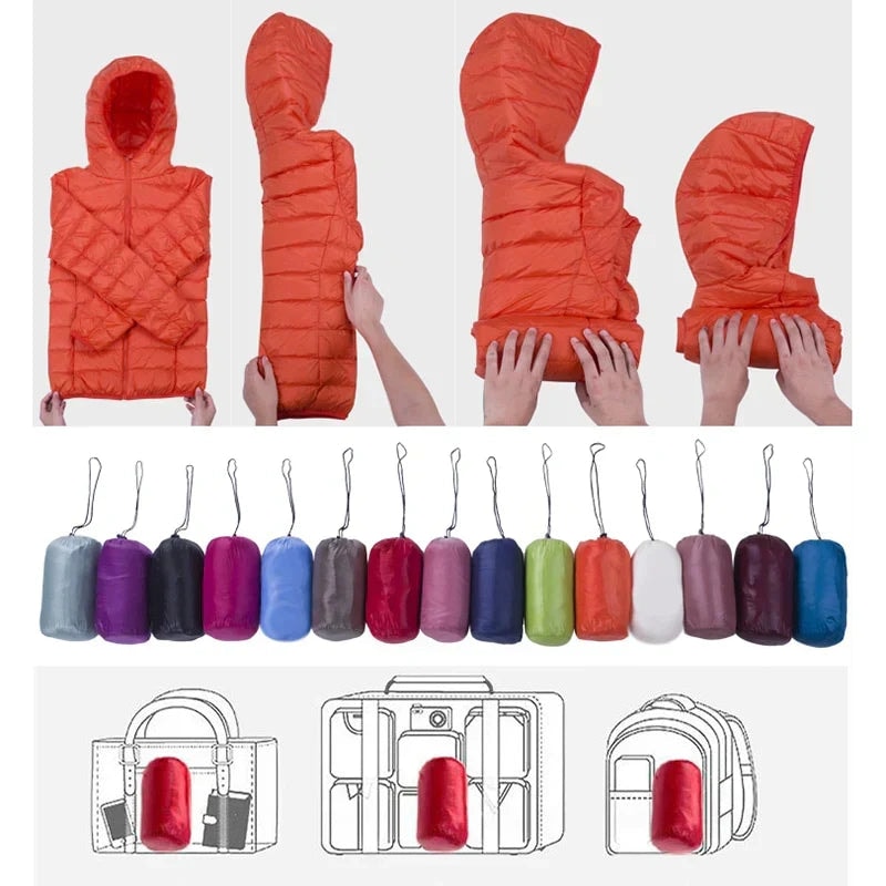 Red hooded puffer jacket being folded into a compact bundle, with storage examples shown below.