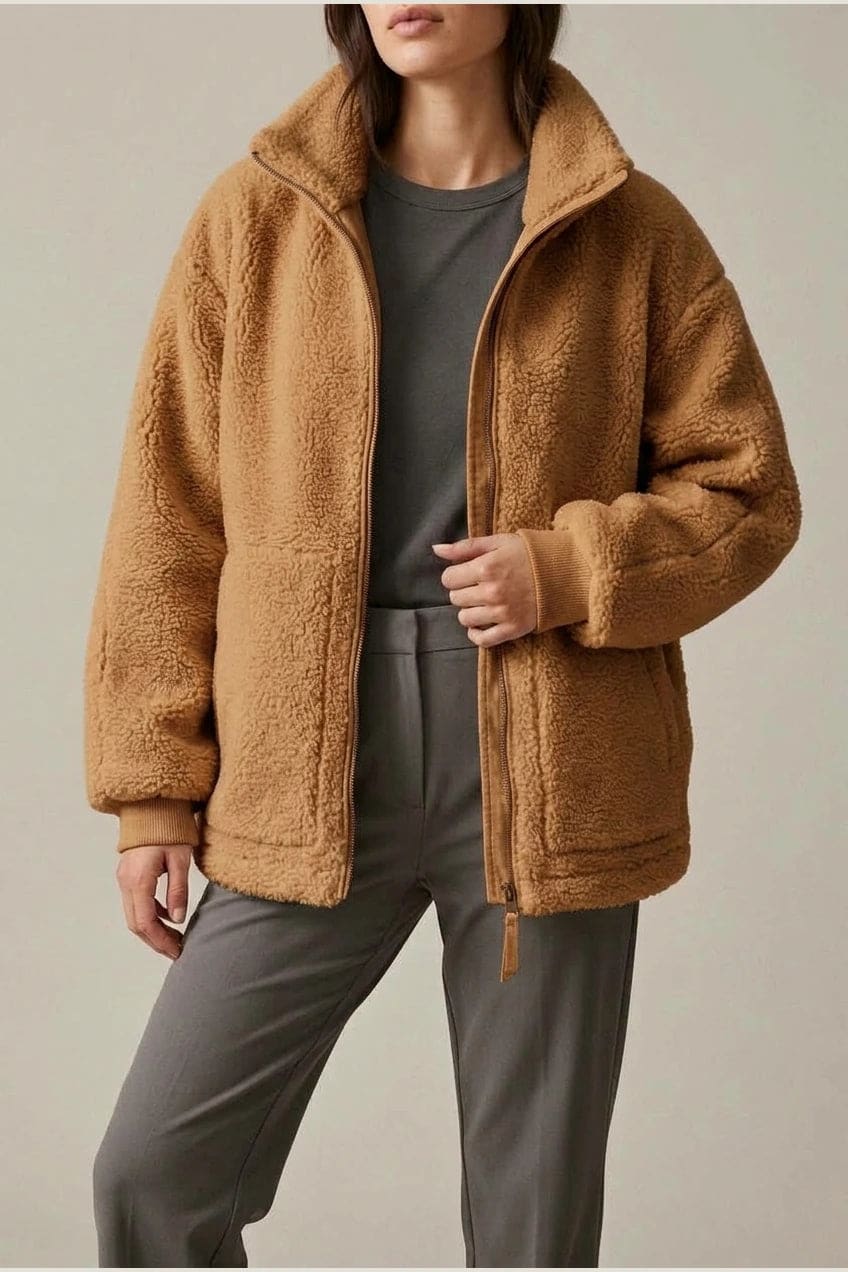 Oversized zip-up teddy fleece jacket with a high standing collar and two front patch pockets, worn with leggings._3