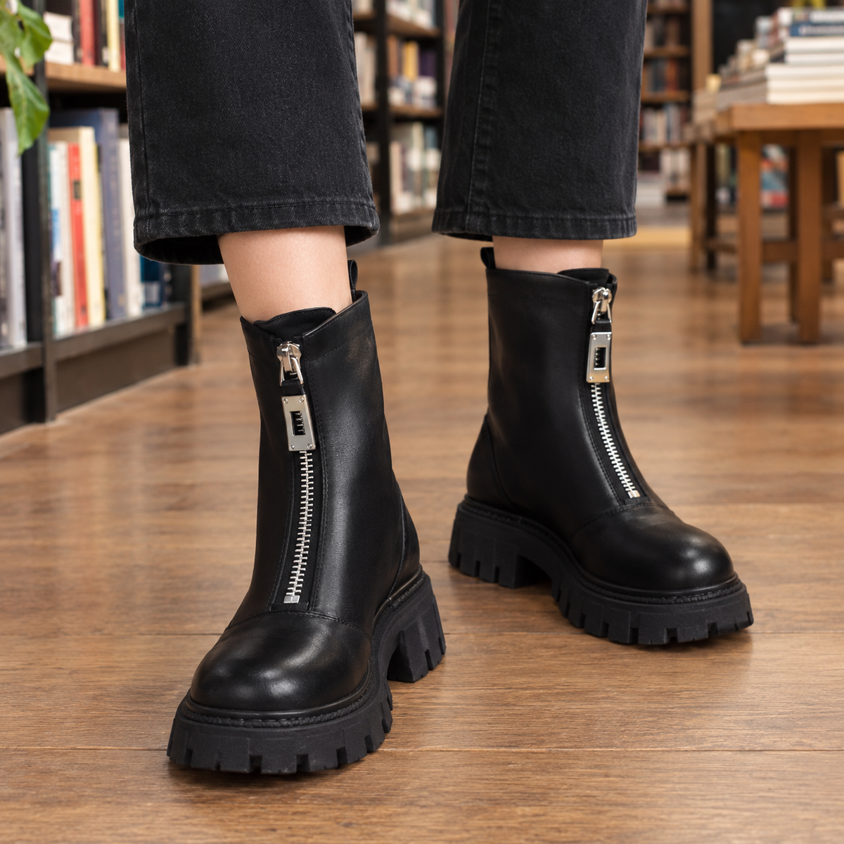 Pair of black ankle boots with prominent front zippers, rounded toes, and chunky lug soles styled with cropped black jeans.