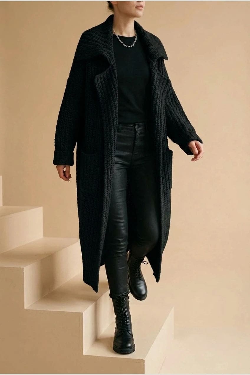 Áine | Longline Chunky Rib Knit Open Cardigan with Oversized Collar