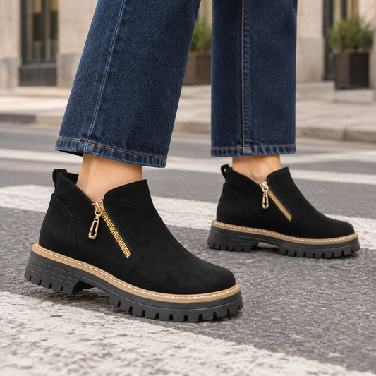 Black ankle boots with gold-tone side zips, rounded closed toes, low block heels, and chunky lug soles worn with cropped jeans.