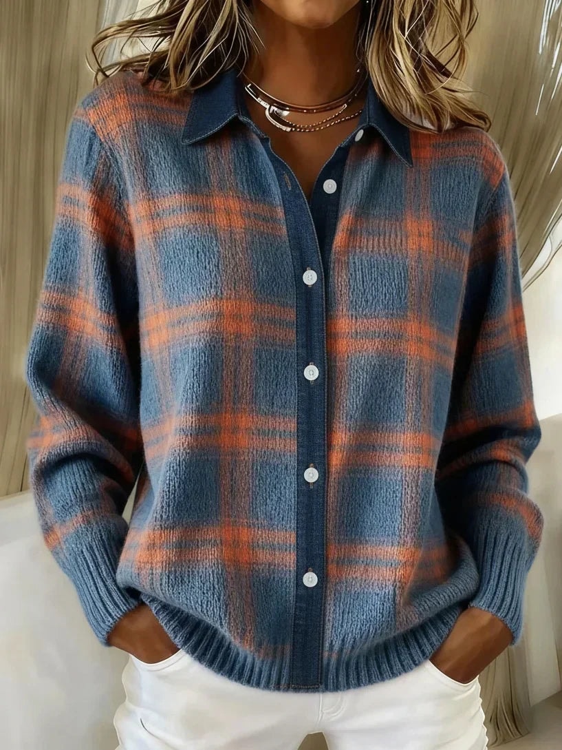 Blue and orange plaid button-front cardigan with a pointed collar, long sleeves, ribbed cuffs, and ribbed hem.