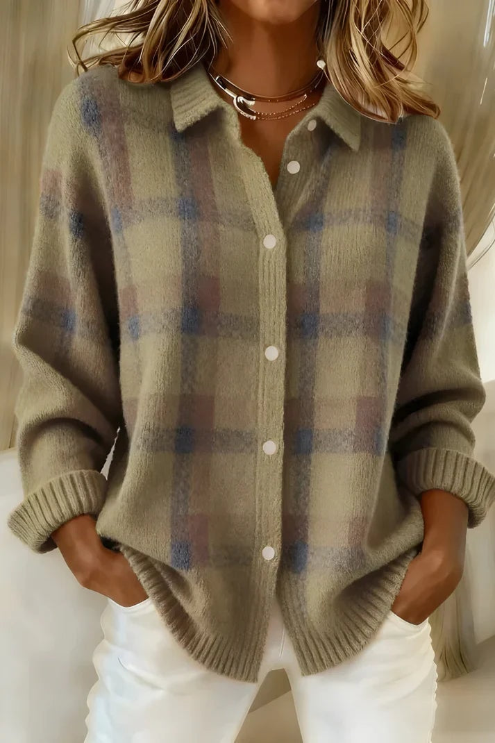 Taupe plaid cardigan with muted blue and brown checks, a shirt-style collar, front buttons, and ribbed edging.
