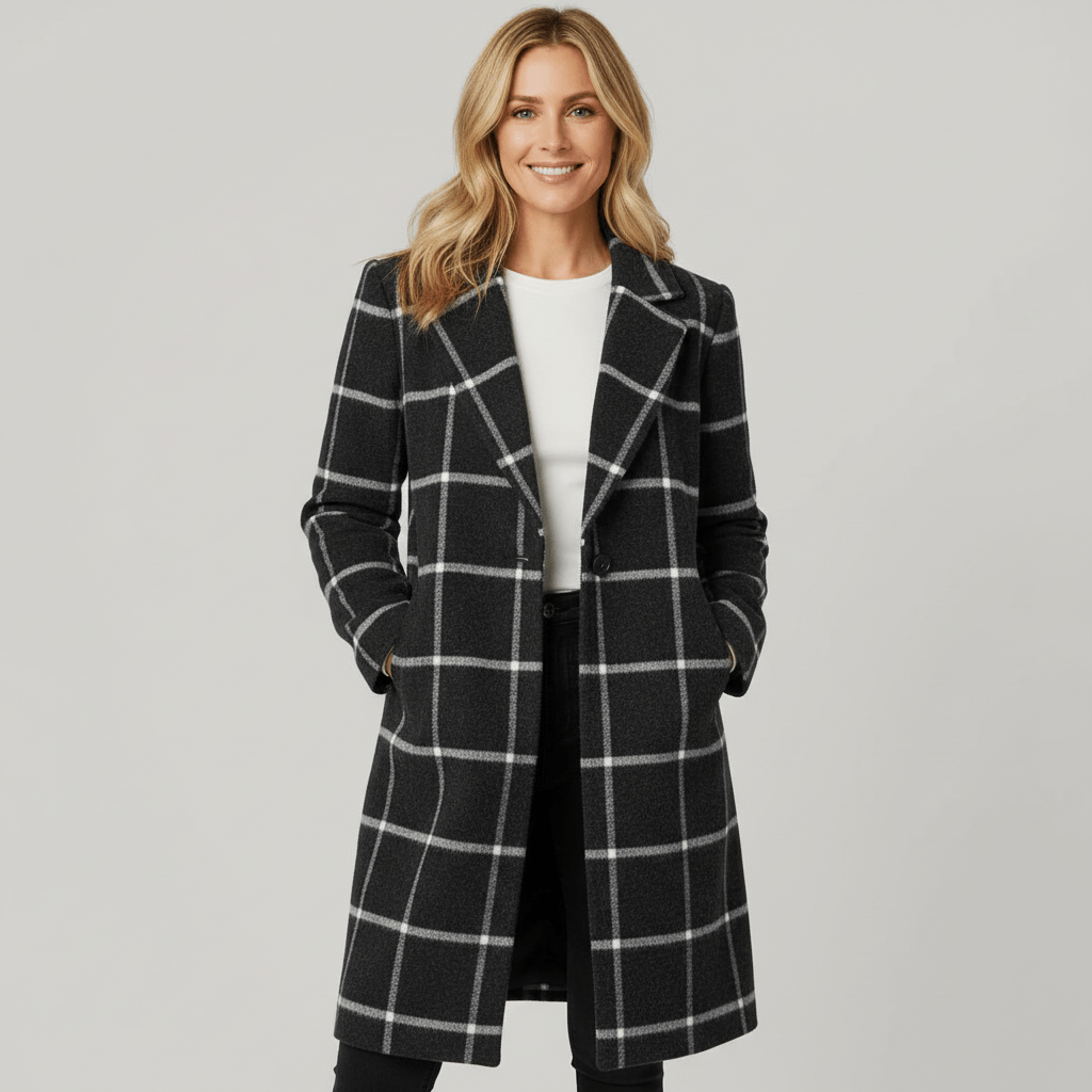 Black plaid tailored coat shown buttoned over a white top, with bright grid lines, notched lapels, and both hands in the side pockets.