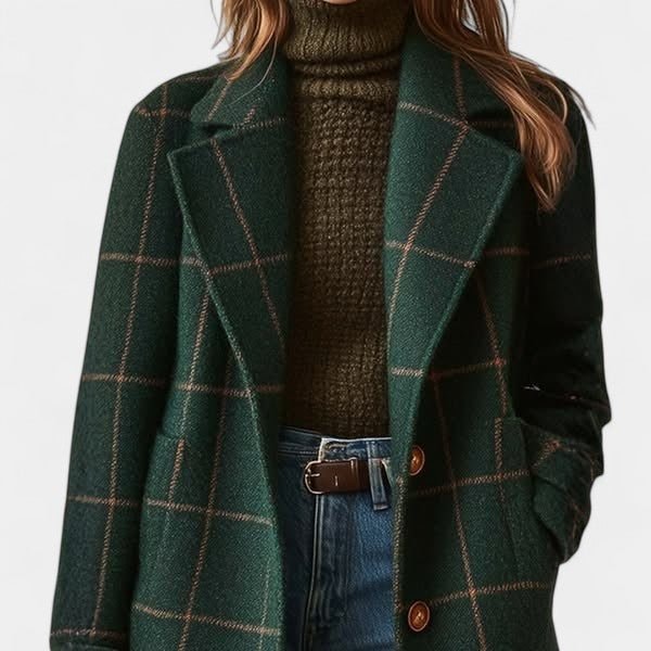 Close view of the green plaid coat's notched lapels, brown buttons, long sleeve, and streamlined single-breasted front.