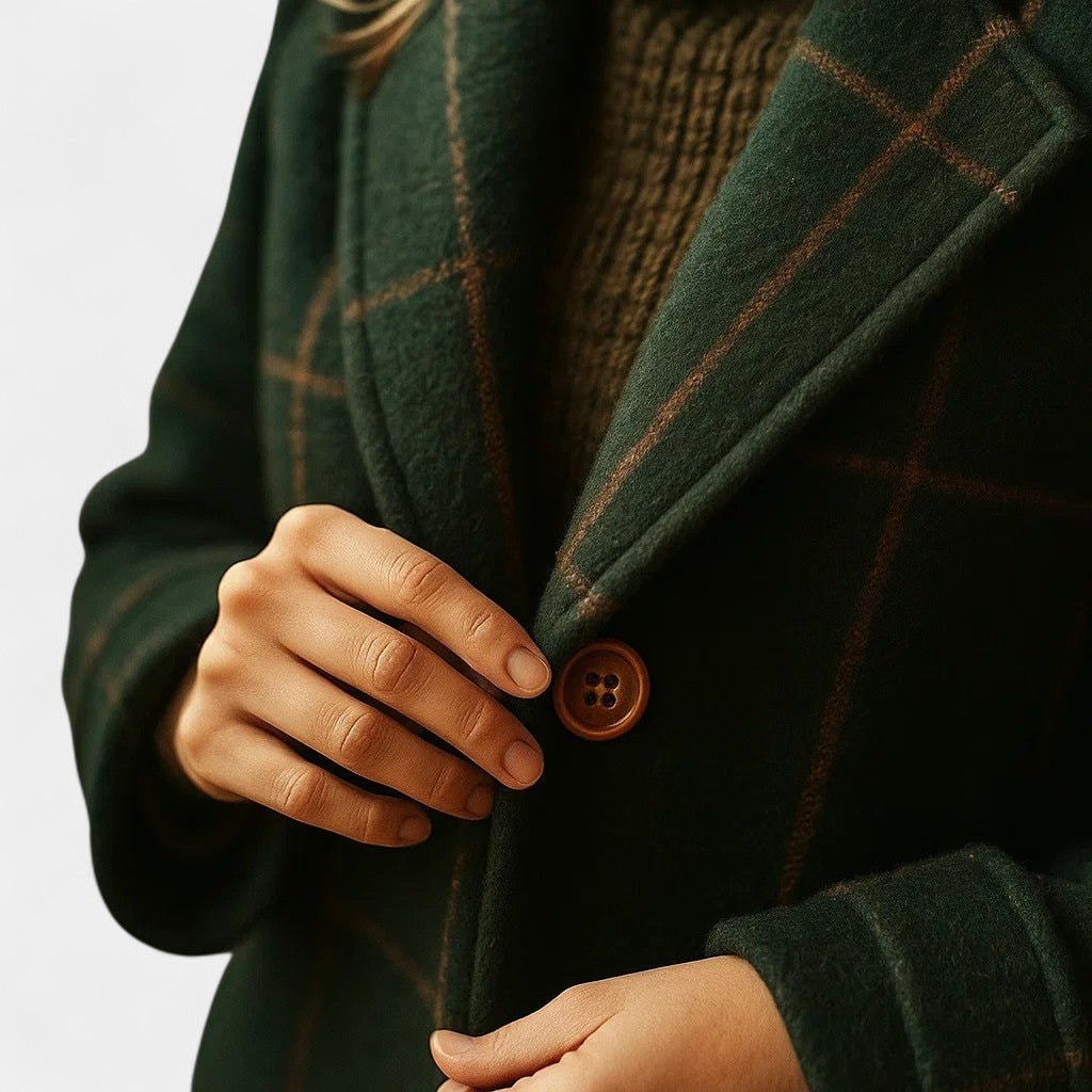 Close-up of a hand fastening a brown button on the dark green plaid coat beneath its folded notched lapel.
