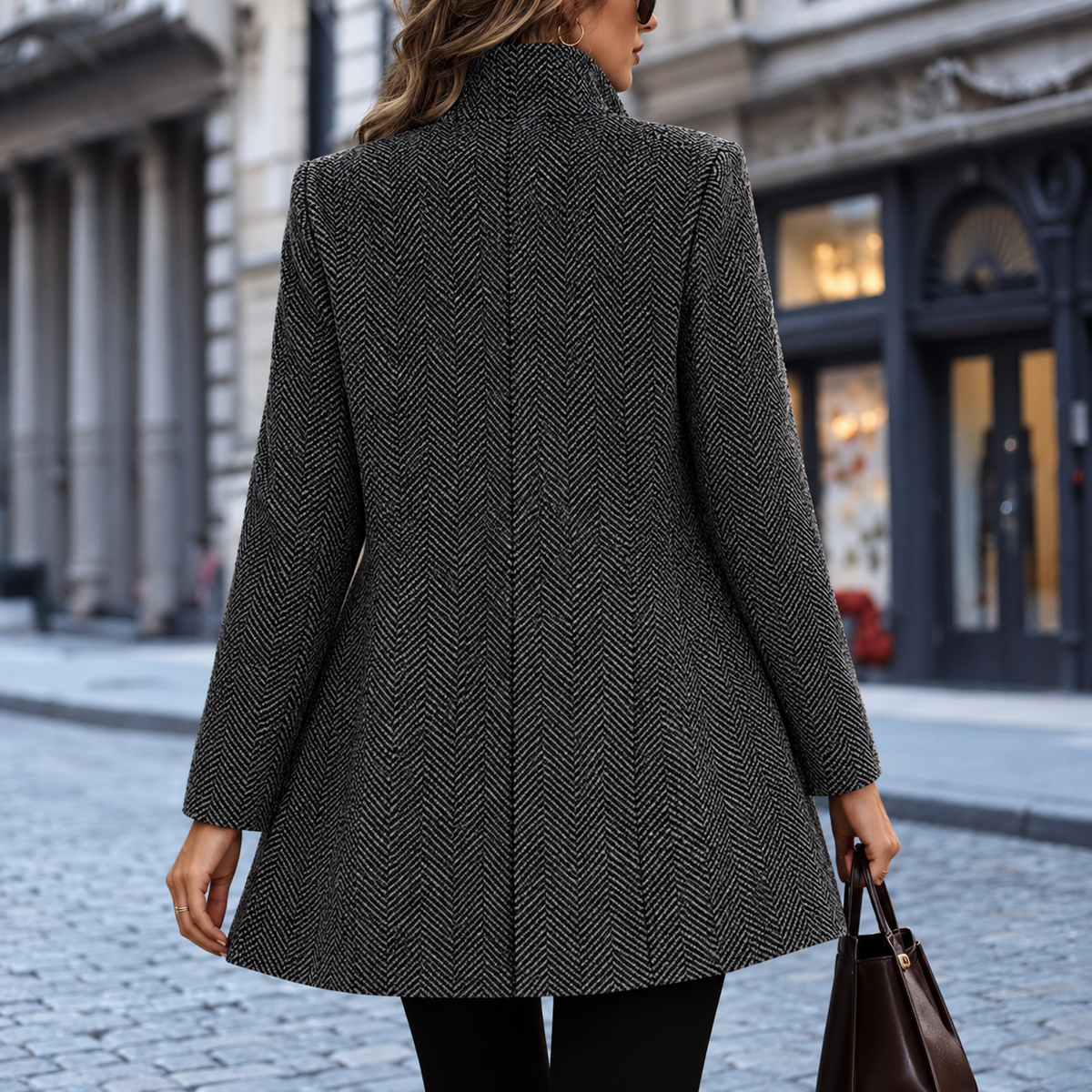 Woman wearing an open front longline herringbone coat with a stand collar over a roll neck and trousers on a city street._2