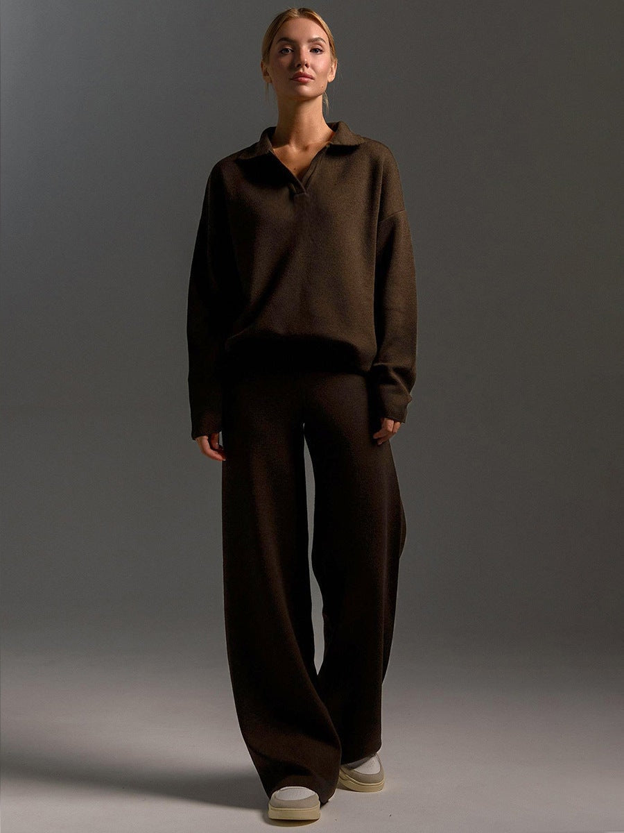 Model wearing the dark brown two-piece set, facing forward with one foot crossed slightly ahead.