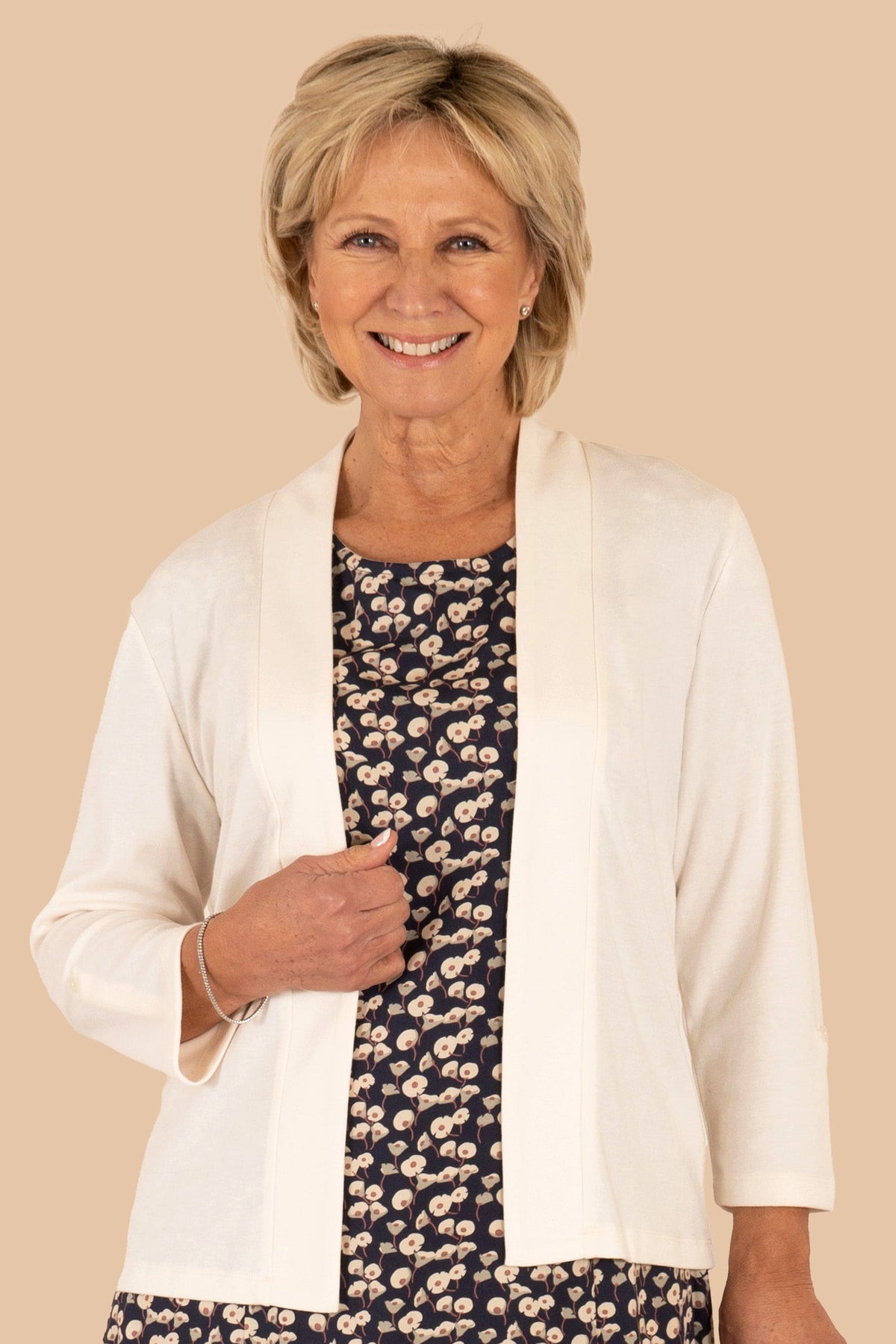 Ruth | Open Front Shawl Collar Jacket with Three Quarter Tab Sleeves