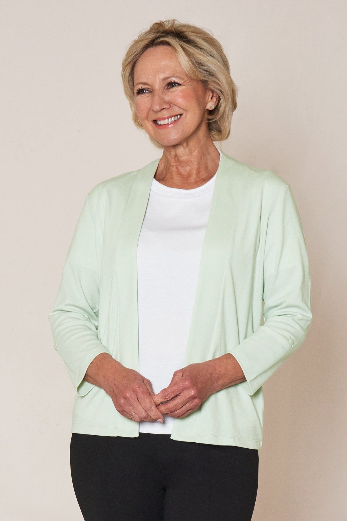 Ruth | Open Front Shawl Collar Jacket with Three Quarter Tab Sleeves