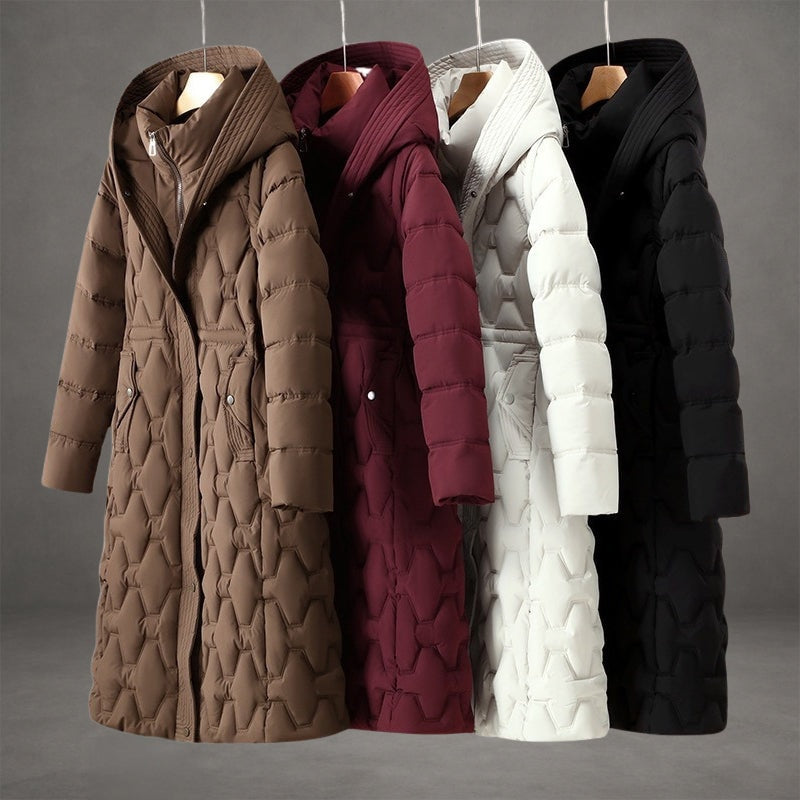 Quilted hooded longline coat shown in brown, burgundy, white, and black color options, each with a defined waist and geometric quilting.