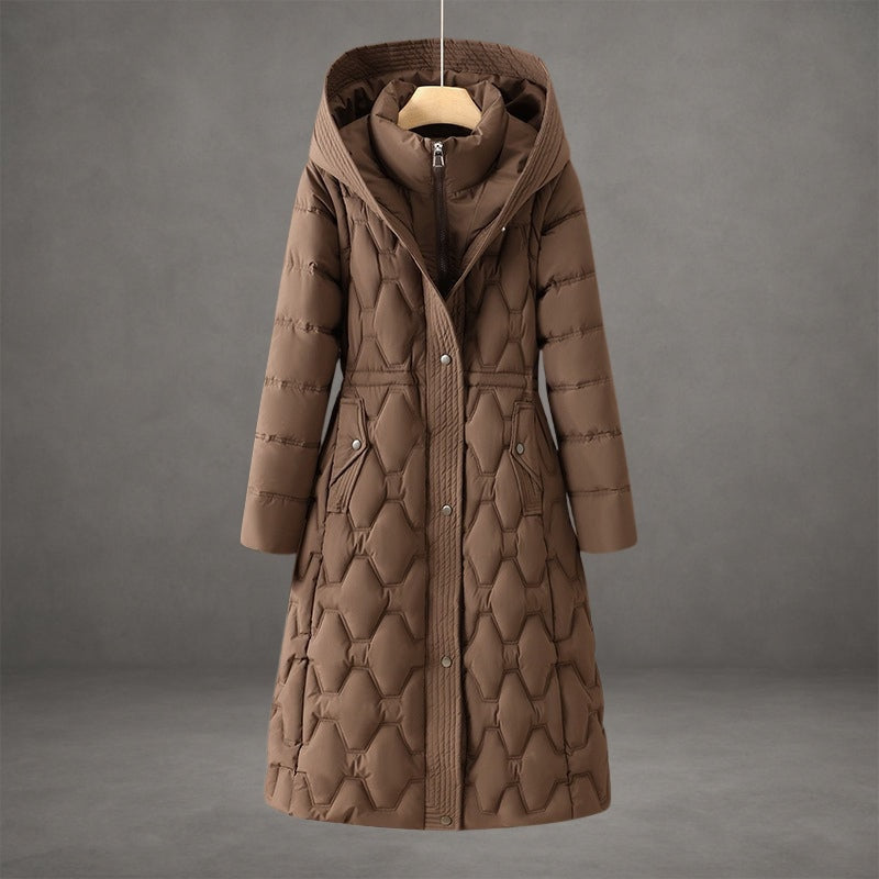 Brown quilted hooded longline coat displayed from the front, highlighting its extended length, raised hood, and cinched waist.
