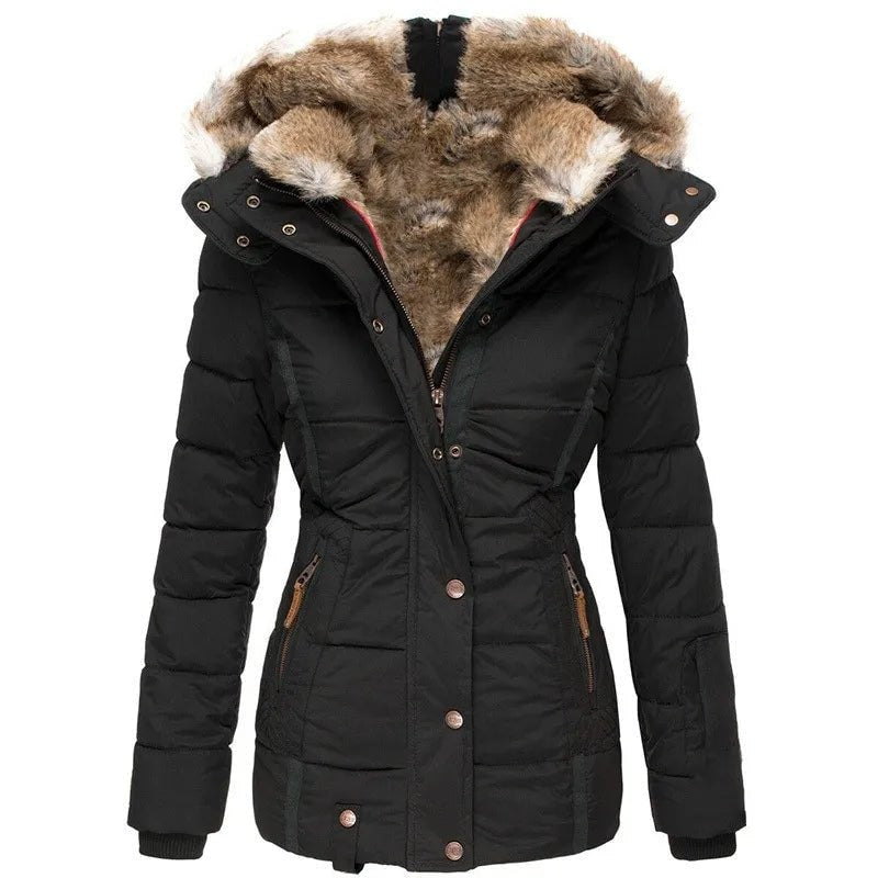 Black quilted hooded puffer jacket with a plush brown faux-fur trim, shaped waist, front zip and snap closure, zippered side pockets, and ribbed cuffs.