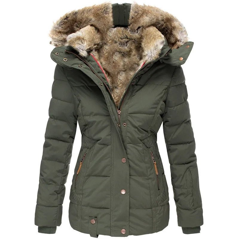 Olive green quilted puffer jacket featuring a fur-trimmed hood, fitted silhouette, brown-accented zip pockets, and ribbed wrist cuffs.