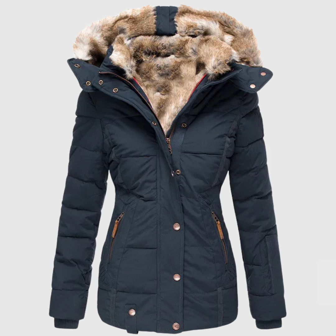 Front view of a dark navy quilted puffer jacket displayed with its faux-fur-lined hood open, showing the front fastening and zipped side pockets.