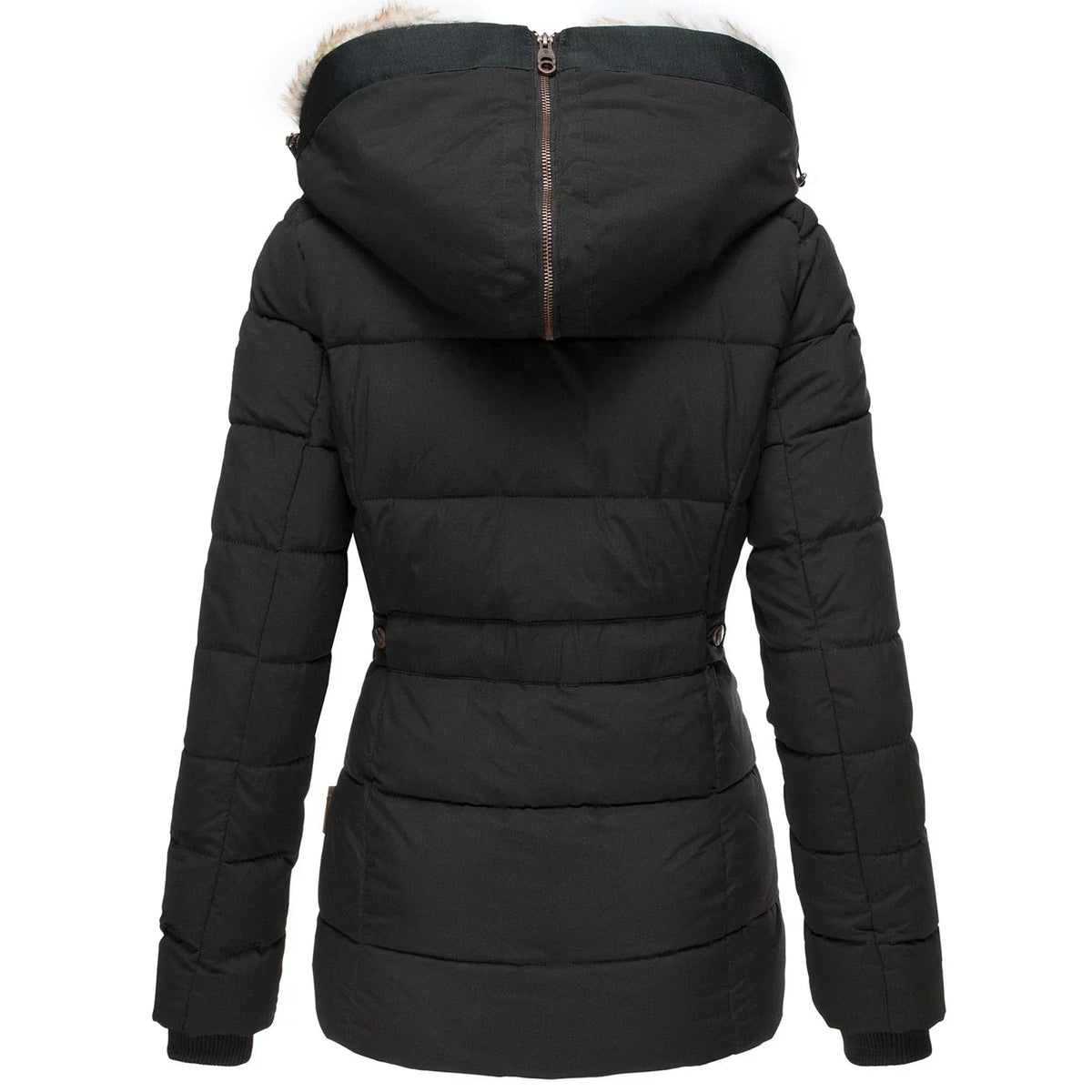 Back view of the black quilted puffer jacket showing the large hood, horizontal quilting, shaped waist, and longer rounded hem.
