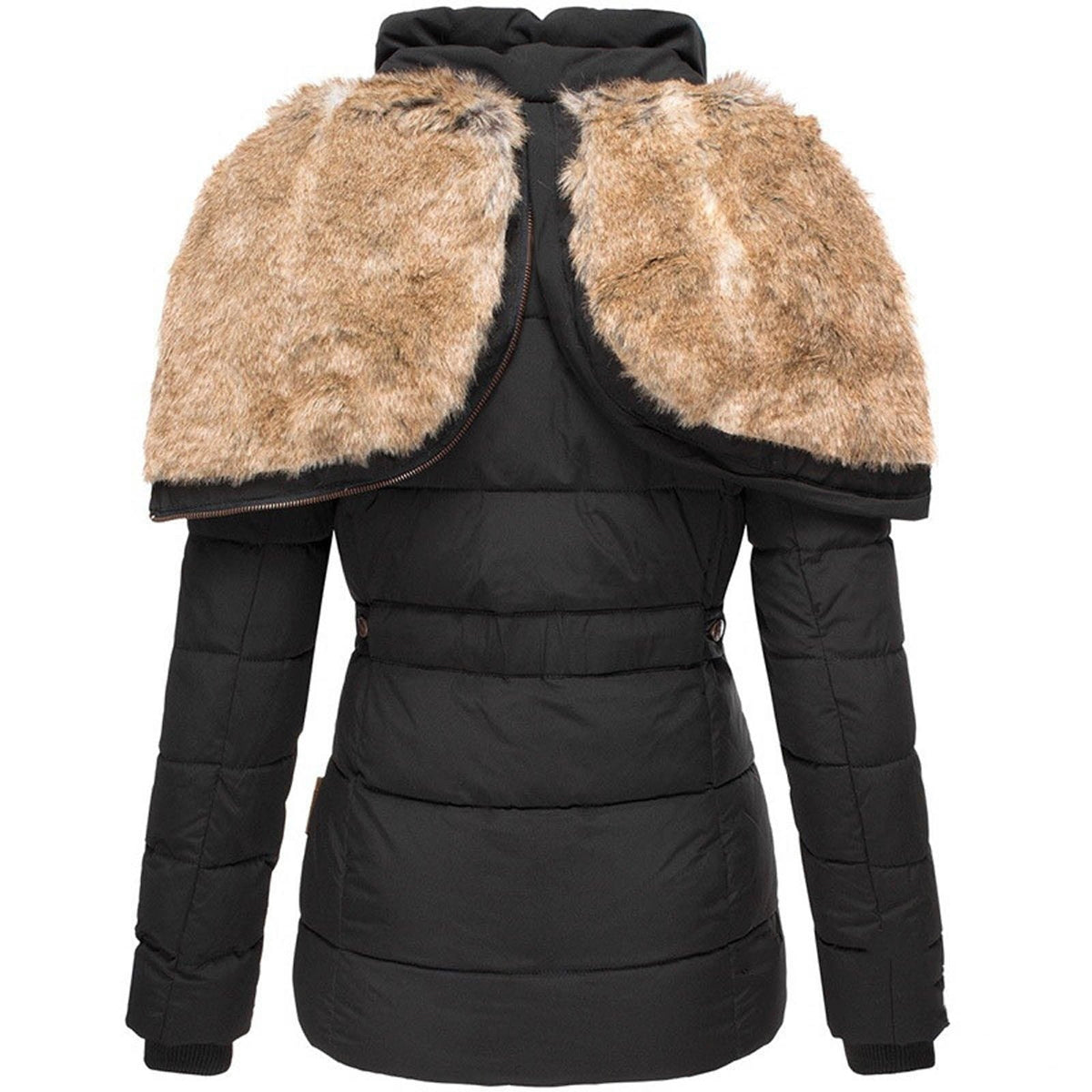 Back view of the black jacket with the hood opened wide to reveal its faux-fur trim, along with the quilted body and fitted waist.
