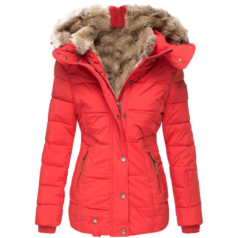 Front view of the bright red quilted puffer jacket with a faux-fur-trimmed hood, snap-and-zip closure, shaped silhouette, and zipped side pockets.
