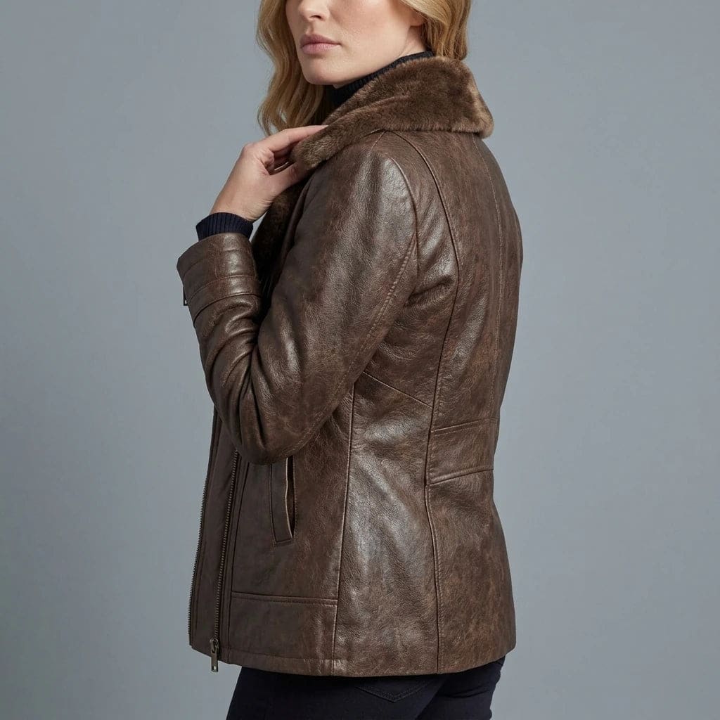 Woman viewed from behind wearing a hip-length zip-front jacket with a faux fur collar, welt pockets and ribbed sleeve detail._0