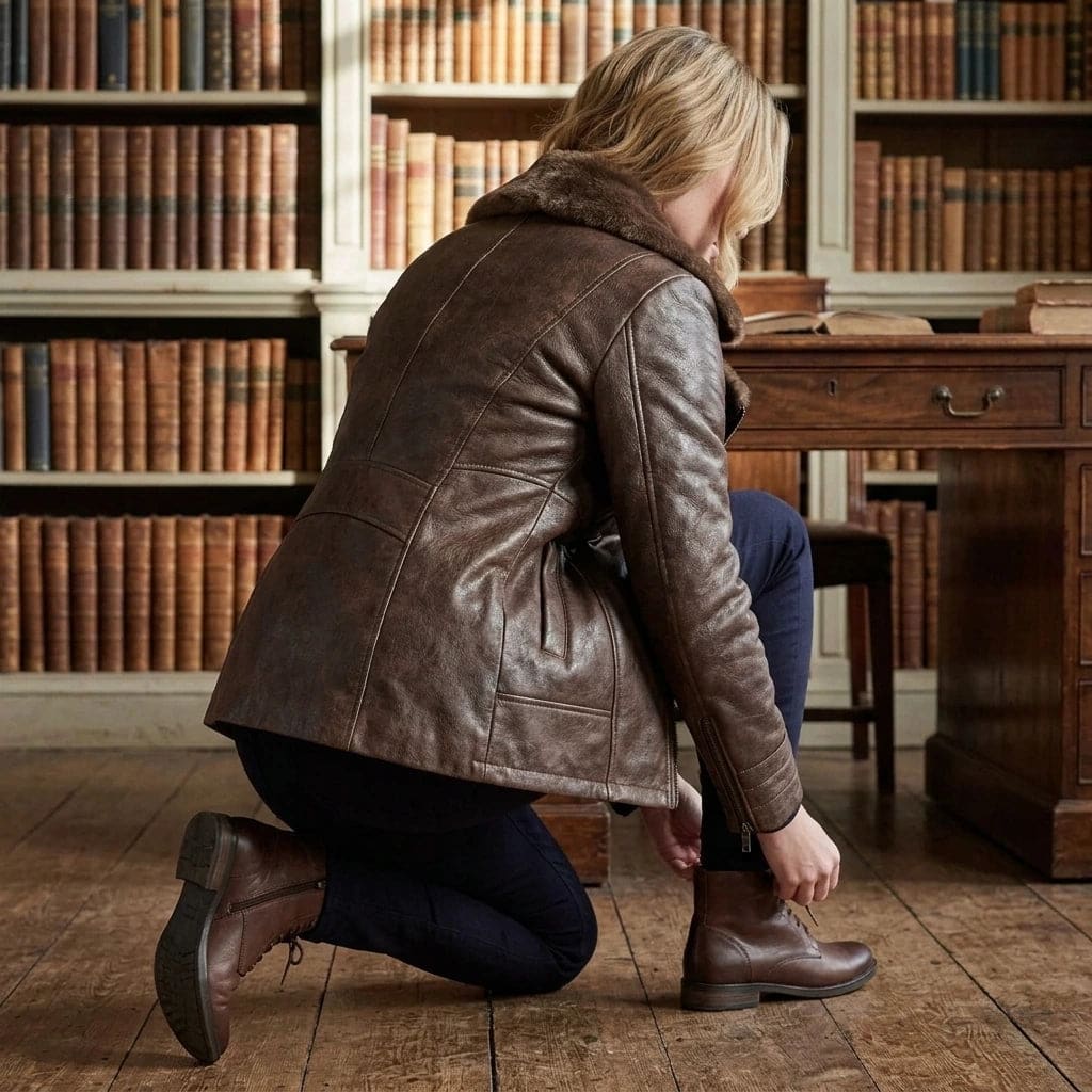 Woman viewed from behind wearing a hip-length zip-front jacket with a faux fur collar, welt pockets and ribbed sleeve detail._1
