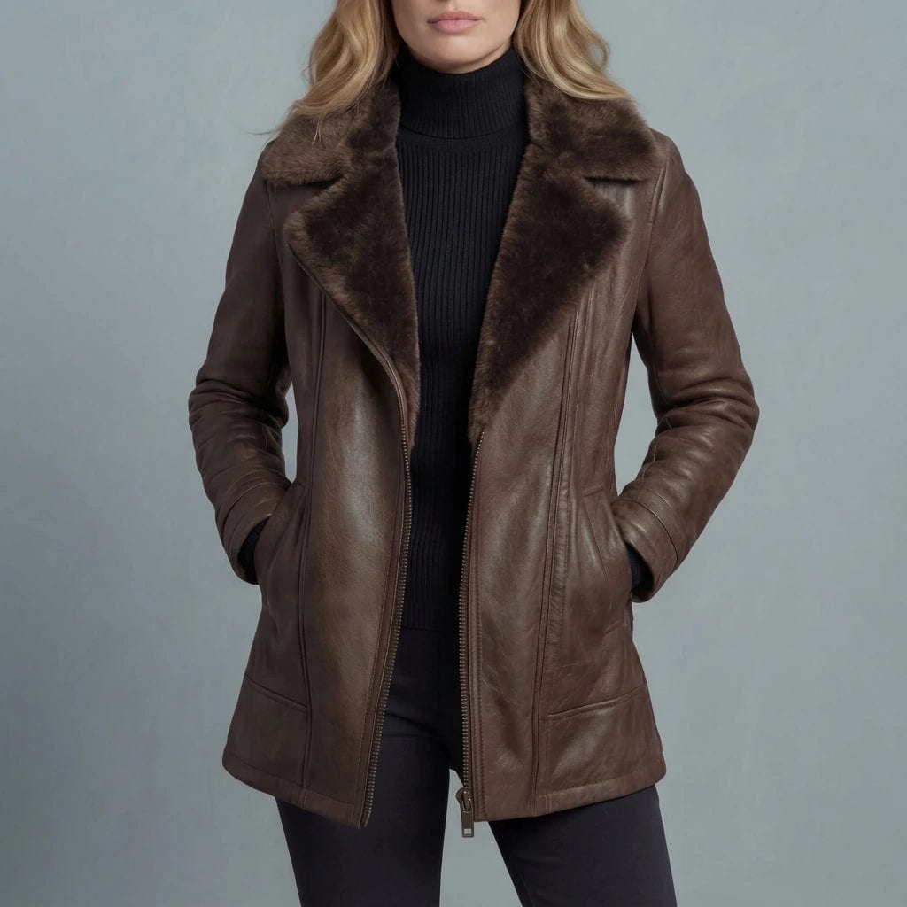 Woman viewed from behind wearing a hip-length zip-front jacket with a faux fur collar, welt pockets and ribbed sleeve detail._2