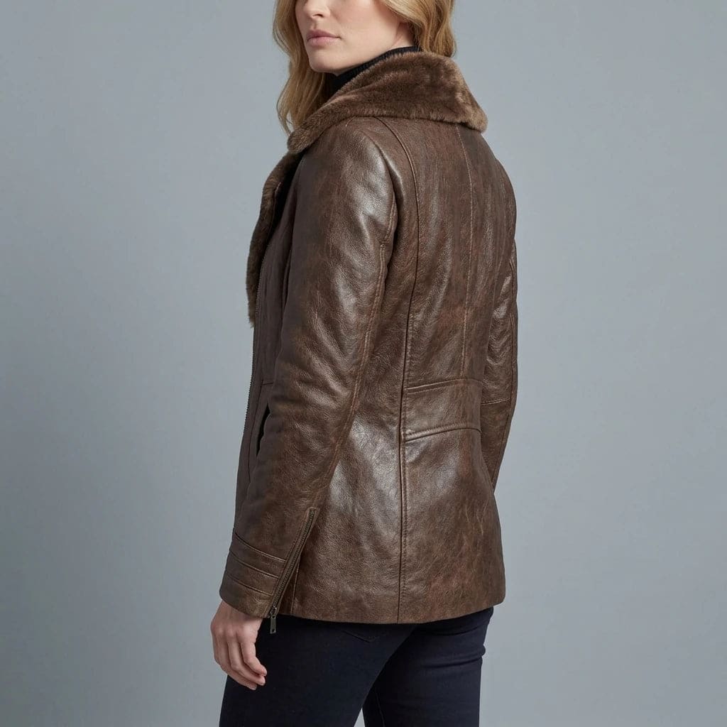 Woman viewed from behind wearing a hip-length zip-front jacket with a faux fur collar, welt pockets and ribbed sleeve detail._4