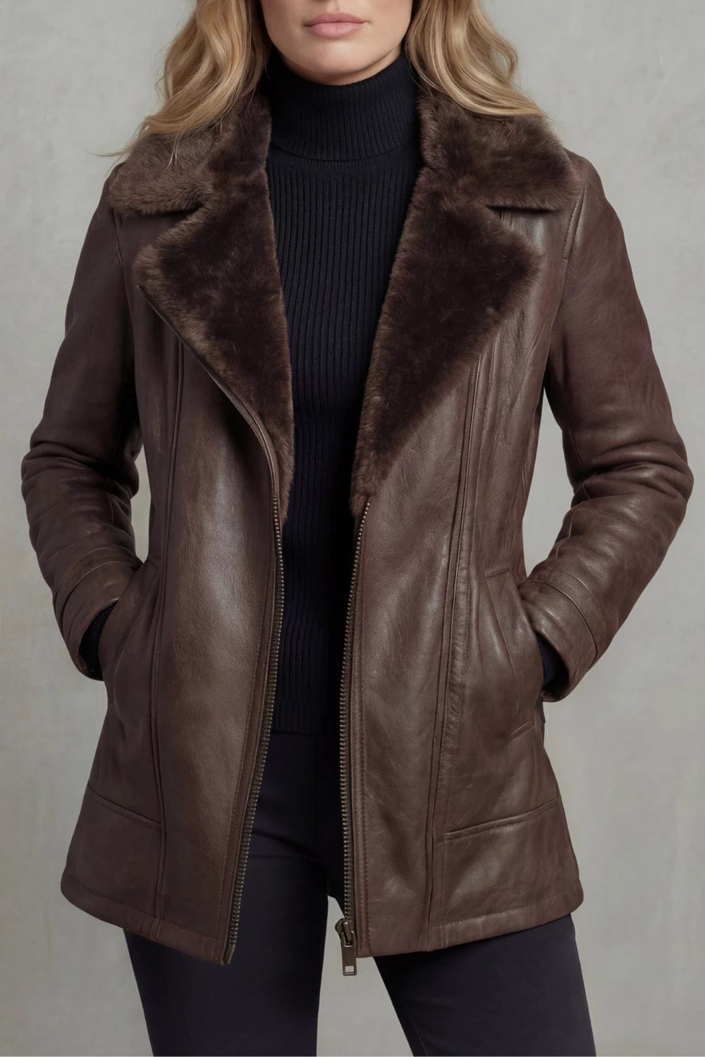 Woman viewed from behind wearing a hip-length zip-front jacket with a faux fur collar, welt pockets and ribbed sleeve detail._6