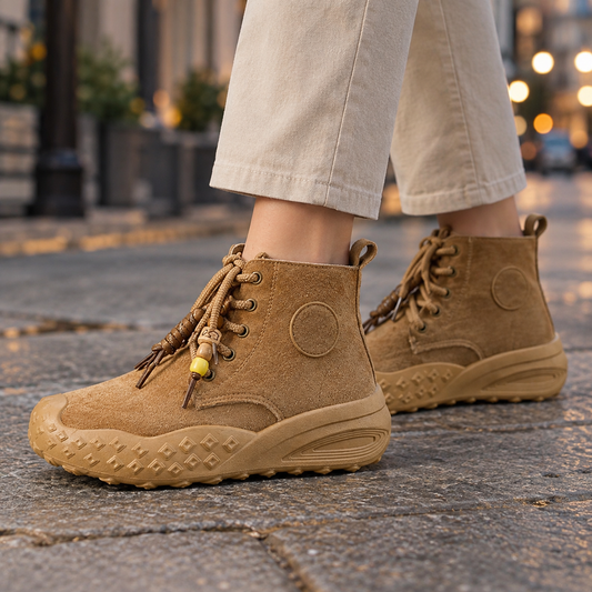 Tan lace-up ankle boots with round toes, textured diamond-pattern soles, and decorative cord ends, worn on a city street.