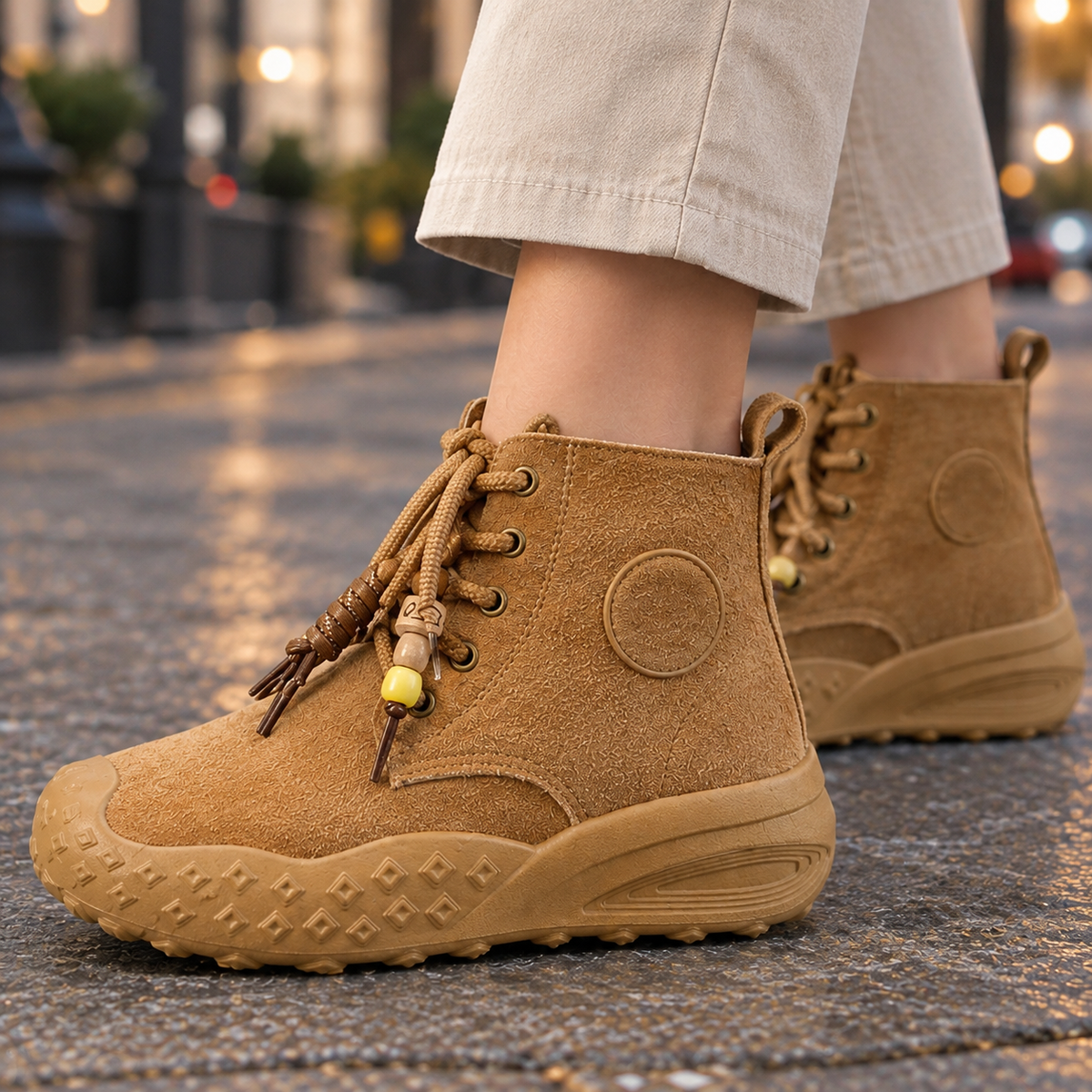 Close view of a tan ankle boot showing its adjustable lace-up front, stitched circular side detail, and raised textured sole.