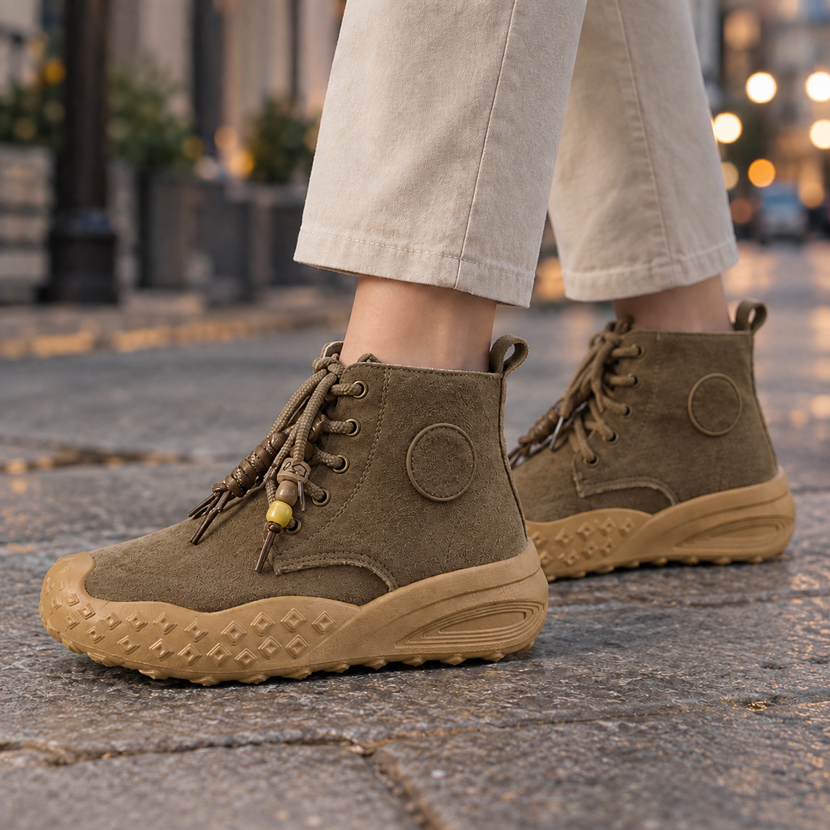 Pair of darker brown lace-up ankle boots with rugged textured soles and circular side detailing, styled with cropped trousers.