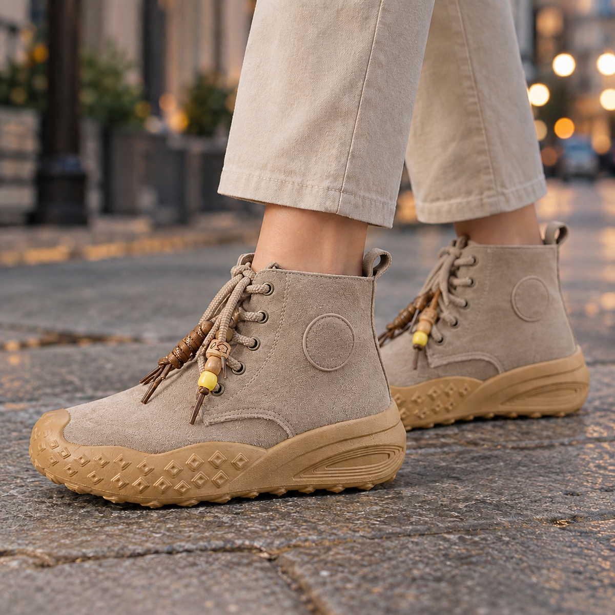 Light taupe lace-up ankle boots with contrasting tan soles, decorative cord ends, and pull tabs at the back.