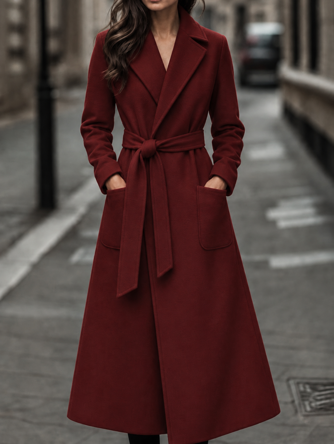 Woman wearing a long belted wrap coat with notch lapels, tie waist and two large patch pockets, standing on a street._0