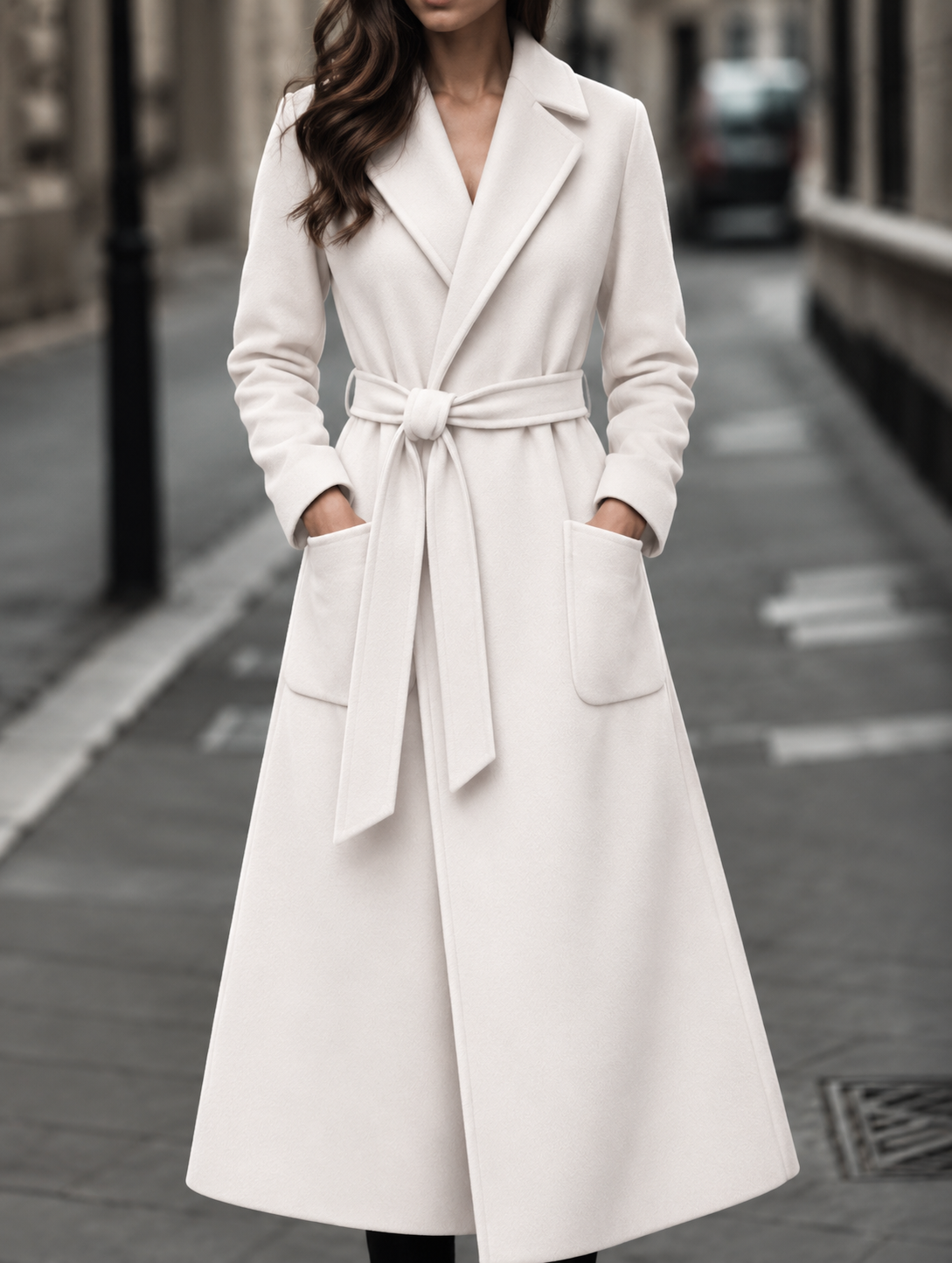 Carmel | Longline Belted Wrap Coat with Notch Lapels and Patch Pockets